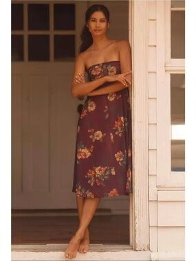 Anthropologie Lyrebird Plum Floral Strapless Chiffon Midi Dress Size M NWT